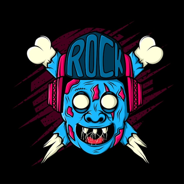 Blauer zombie-horrorkopf mit kopfhörerdesign-illustration