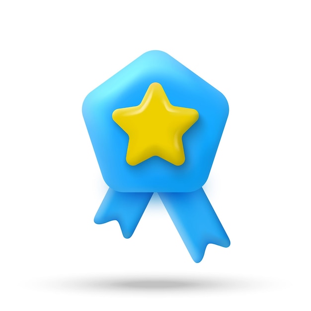 Blaues abzeichen mit gelbem stern im 3d-cartoon-minimalstil garantie für qualität und bestes produktsymbol