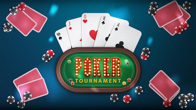 Blaues Banner des Pokerturniers mit Pokertisch mit Symbol mit Lampenbirnen, Spielkarten und Pokerchips