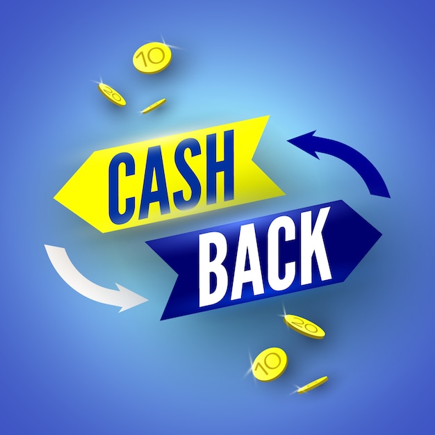 Blaues cashback-banner mit münzen. illustration.