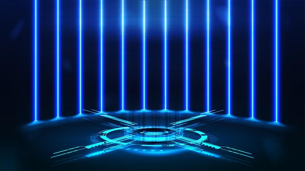 Blaues digitales hologramm des podiums mit digitalen ringen und kreuz im dunklen raum mit wand aus vertikalen neonlampen auf dem hintergrund