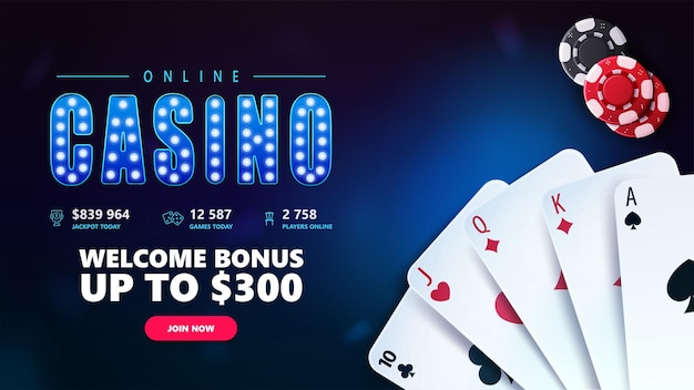 Blaues Einladungsbanner des Online-Casinos für Website mit Knopf-Willkommensbonus-Casino-Spielkarten und Pokerchips auf Draufsicht des blauen Hintergrunds