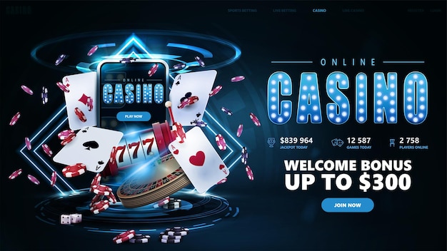 Blaues Einladungsbanner für Online-Casinos mit Button-Smartphone-Casino-Slotmaschine Casino-Roulette-Karten und Pokerchips in dunkler Szene mit Neonrautenrahmen und Hologramm digitaler Ringe