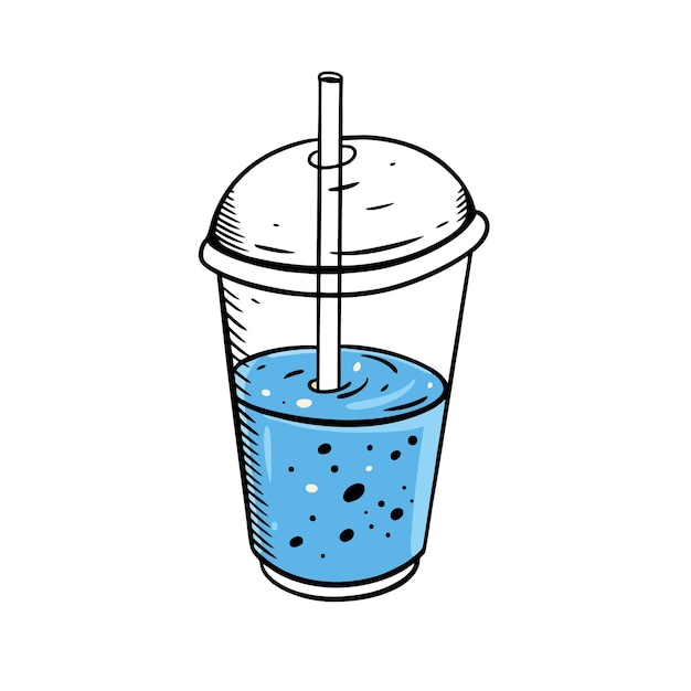 Blaues getränk oder sommercocktail mit transparentem glas. handgezeichnete skizze cartoon-kunst.