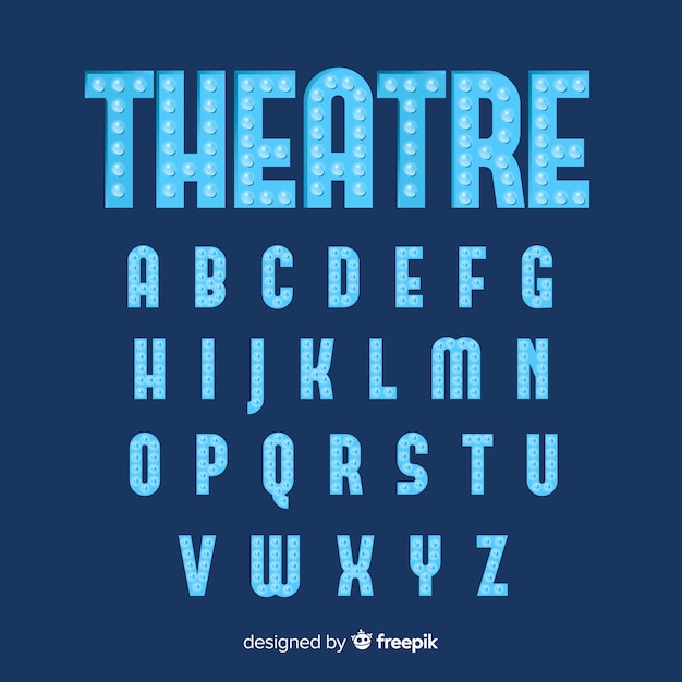 Blaues glühlampealphabet des theaters