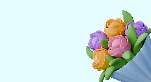 Blaues horizontales Banner mit einem realistischen Blumenstrauß in der Ecke Begrüßungsvorlage