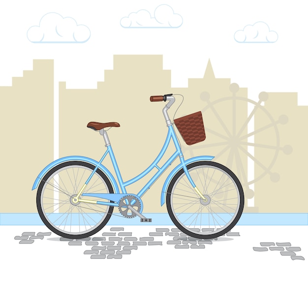 Vektor blaues retro- fahrrad mit korb auf stadthintergrund. buntes fahrrad im park. flache vektor-illustration