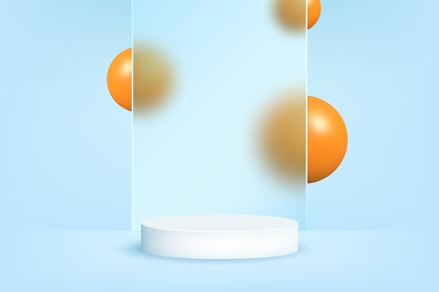 Blaues rundes podium mit transparentem glas und einem hintergrund mit orangefarbenen kugeln abstraktes vektor-rendering einer 3d-form für die anzeige von werbeartikeln