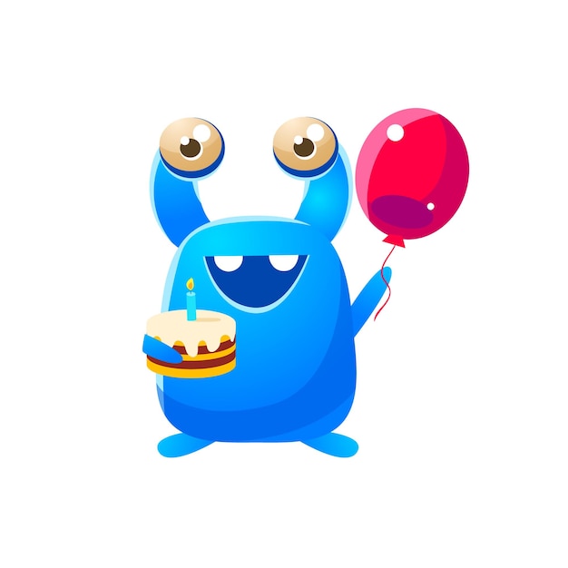 Blaues spielzeugmonster, das einen ballon und einen kuchen hält