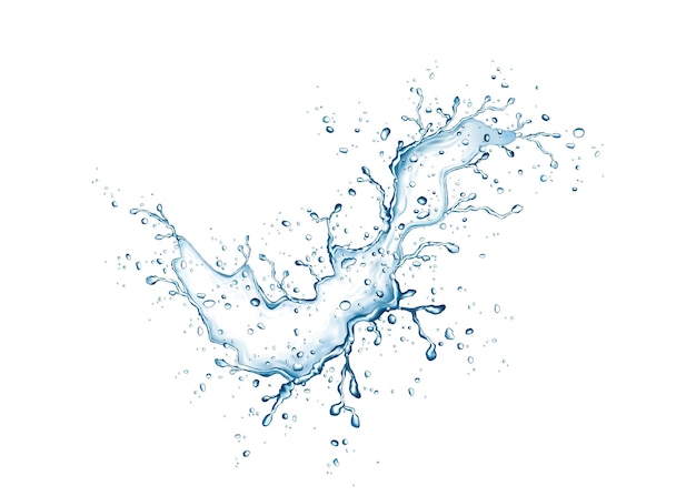 Blaues wasserspritzen und -tropfen lokalisiert auf weißem hintergrund. aqua. vektor-textur.