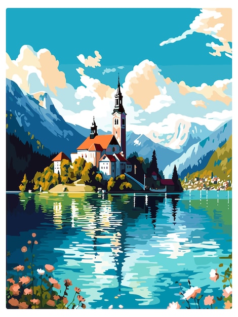 Vektor bledsee slowenien vintage reiseplakat souvenir postkarte porträt malerei wpa illustration