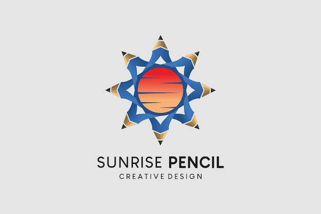 Bleistift-logo-design mit pädagogischer bleistift-vektorillustration der sonnenaufgangikone
