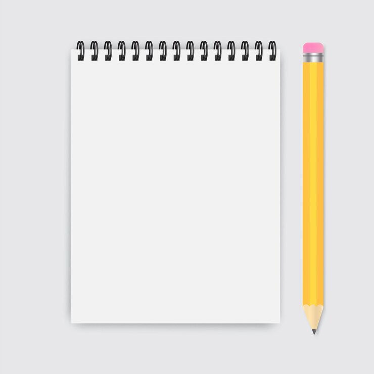 Vektor bleistift mit einem notizblock aus papier für notizen flache darstellung einer seite aus einem schulheft für notizen