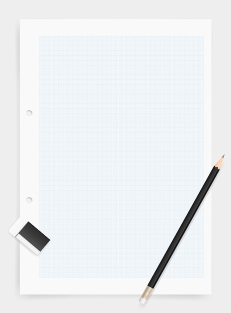 Bleistift und radiergummi auf zeichenpapierhintergrund.