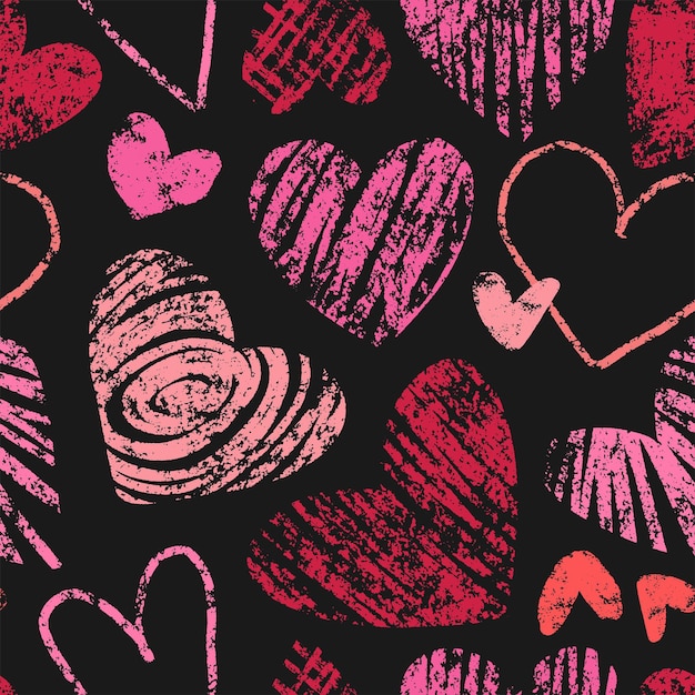 Vektor bleistiftherzen mit nahtlosem muster valentinstagherzen auf schwarzem hintergrund kinder zeichnen liebe