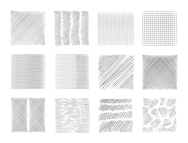 Vektor bleistiftskizze linie stiftkritzeleffekte gekritzel freihändig skizzenhafte cliparts unordentliches handgezeichnetes monochromes muster quadratische formen mit umriss grunge-ornamenten vektor schwarz grob schraffierte texturen gesetzt