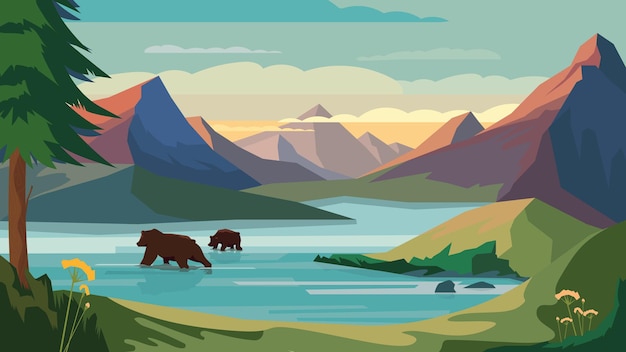 Vektor blick auf die berge, banner im flachen cartoon-design. felsspitzen, bergsee, bären, die im wasser schwimmen, wald an den hängen am see. panorama-landschaft der wild lebenden tiere. vektor-illustration des web-hintergrunds