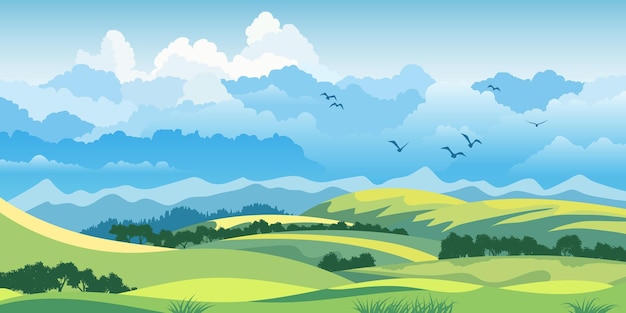 Blick auf die Frühlingslandschaft, grüne Wiesen und Hügel