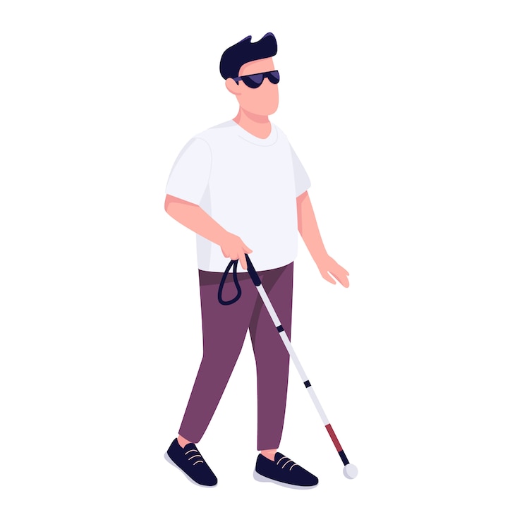 Vektor blinder mann mit flacher farbe gesichtslosen charakter des gehstockes. behinderte junge männliche person mit stock, der allein isolierte karikaturillustration für webgrafikdesign und animation spaziert