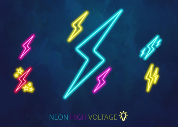 Vektor blitzblitz-neonsymbol in verschiedenen farben hochspannungsstrom-donnerschock-design