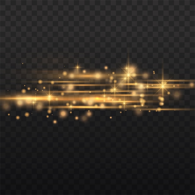 Blitzgelbe horizontale Linsenfackelpackung, Laserstrahlen, horizontale Lichtstrahlen, schöne Lichtfackel, leuchtend gelbe Linie, hellgoldene Blendung, Vektorillustration