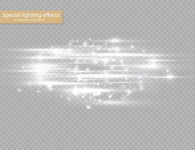 Blitzweiße horizontale Linseneffektpackung, Laserstrahlen, horizontale Lichtstrahlen, schöne Lichtfackel, leuchtend weiße Linie auf transparentem Hintergrund, hellgoldene Blendung, Illustration ,.