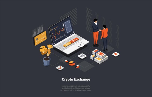 Blockchain-Technologie-Konzept Bitcoin Altcoin Spekulation auf Kryptowährung Krypto-Händler kaufen und verkaufen Futures-Krypto an der Börse Exchange Services isometrische Cartoon 3d-Vektor-Illustration