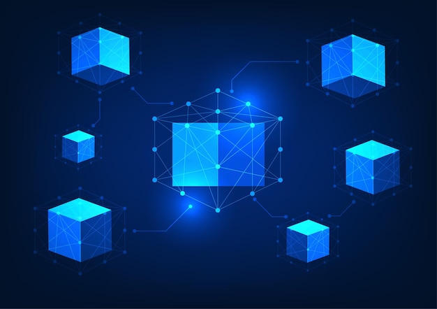 Blockchain-Technologie quadratische Blockchain-Boxen, die durch Linien und Schaltkreisleitungen verbunden sind, die