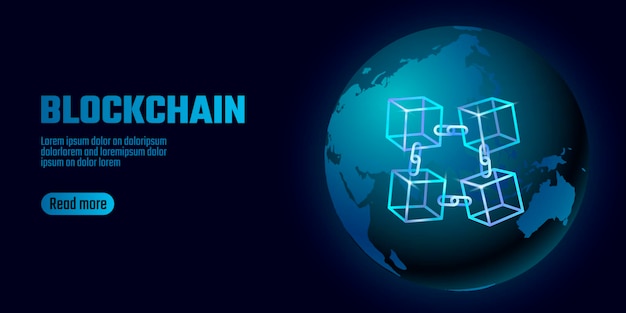 Blockchain-Würfelkettensymbol auf quadratischem Code große Datenflussinformationen Blaues Neon leuchtender Planet Erdkugel Kryptowährung Finanzbitcoin Geschäftskonzept Vektordarstellung weltweite Verbindung