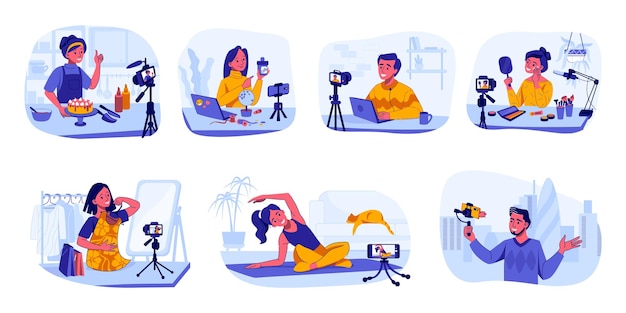 Blogger und Vlogger Influencer, die Inhalte für Koch- und Reise-Beauty- oder Mode-Videokanäle erstellen Menschen, die Sporttrainingsanweisungen aufzeichnen Vector Livestream Mukbang-Blog