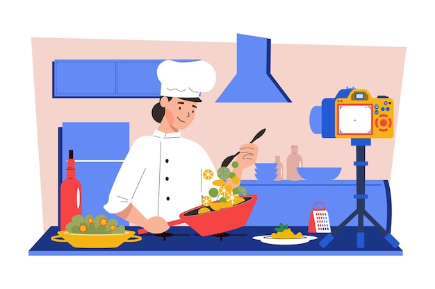 Bloggerin, die Videoinhalte für ein Food-Blogger macht Illustrationskonzept auf weißem Hintergrund
