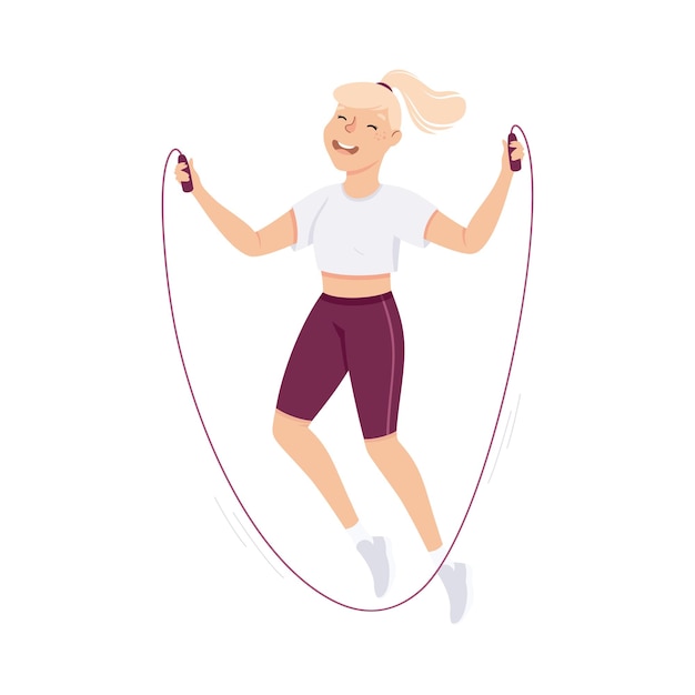 Blonde Frau in Sportkleidung im Fitnessstudio Überspringen oder Seil springen Körperübungen und Workout Vektorillustration