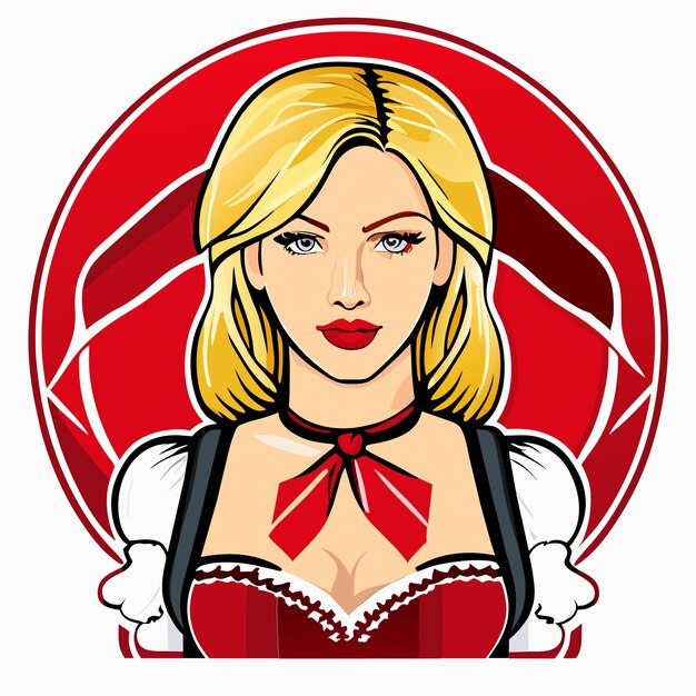 Vektor blonde, rot-rosa frau im bayerischen outfit, handgezeichneter cartoon-aufkleber, isolierte illustration