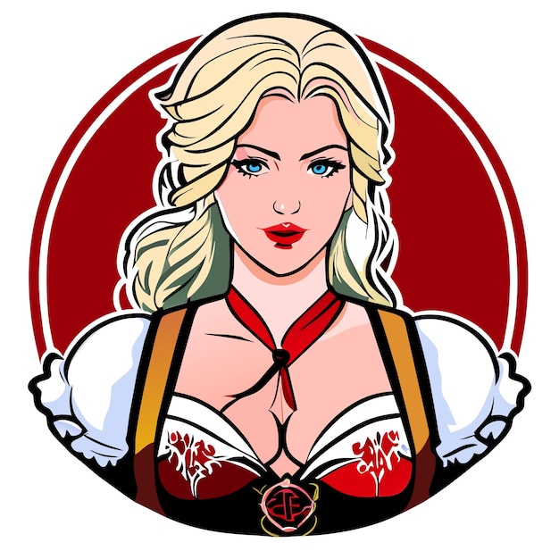 Vektor blonde, rot-rosa frau im bayerischen outfit, handgezeichneter cartoon-aufkleber, isolierte illustration