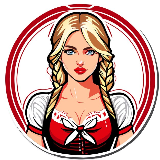 Vektor blonde, rot-rosa frau im bayerischen outfit, handgezeichneter cartoon-aufkleber, isolierte illustration