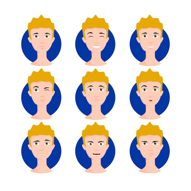 Blonder mann stellte vektorillustration ein. gelbhaariger junge männlich jung im cartoon-stil, porträts, gesichter mit unterschiedlichen gesichtsausdrücken, emotionen. einfach zu ändern. design der charaktersammlung.