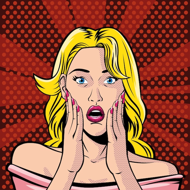 Blondes Frauengesicht mit offenem Mund, überrascht, Art Pop-Art-Illustrationsdesign