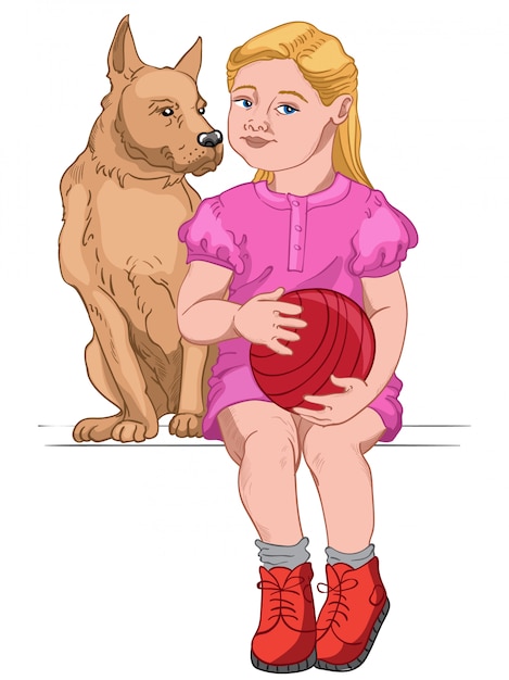 Blondes mädchen gekleidet im rosa kleid und in den roten stiefeln, die einen roten ball halten, während sie mit ihrem hund sitzen