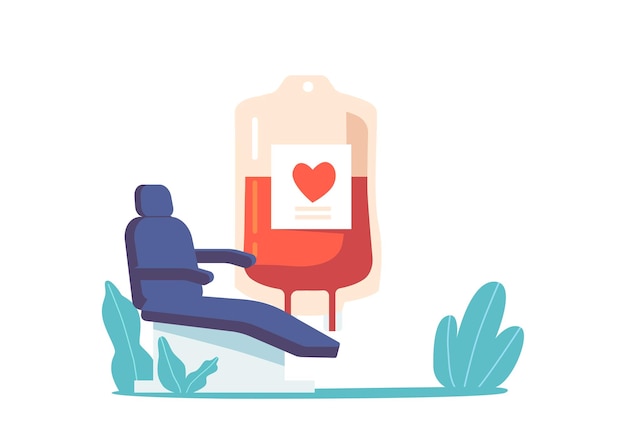 Vektor blood donation volunteer save life foundation concept mit medizinischen stuhlplastiktüten mit herzblut und rotem herzen