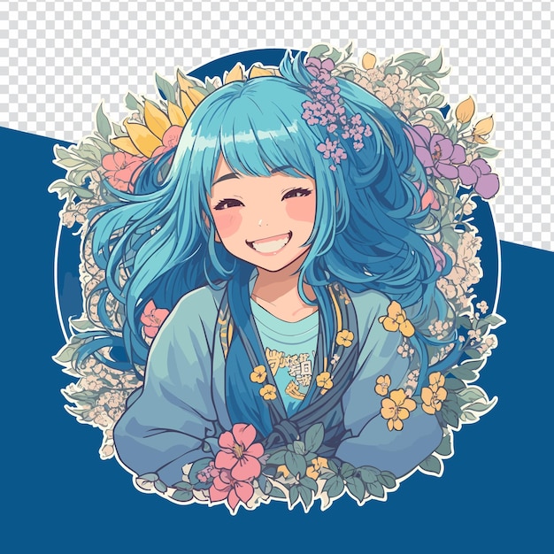 Bloom und blue whimsical anime girl vektorillustration für aufkleber, logos und mehr