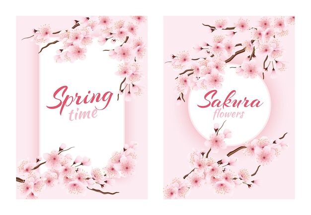 Blossom sakura blumenkarten japan blumenblüte hochzeitseinladung grußkarte design japanischer frühling poster mit realistischen kirschzweigen romantische hintergründe vektorvorlage