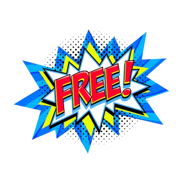Blue Free Label auf Bang Comic Ballon - Pop Art Style Rabatt Promotion Banner.