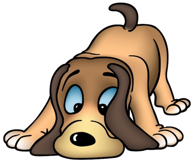 Vektor blueeyed brown doggy sniffs mit dem kopf auf dem boden als cartoon-illustration