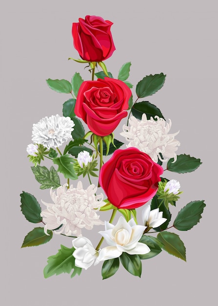 Blühen sie schönen blumenstrauß mit roten rosen, chrysantheme und magnolie illlustration