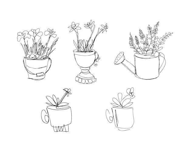 Vektor blühende frühlingsblumen krokusse lavendel narzissen gänseblümchen und stiefmütterchen lineart sammlung perfekt für t-shirt-aufkleber-poster doodle-vektorillustration für dekor und design