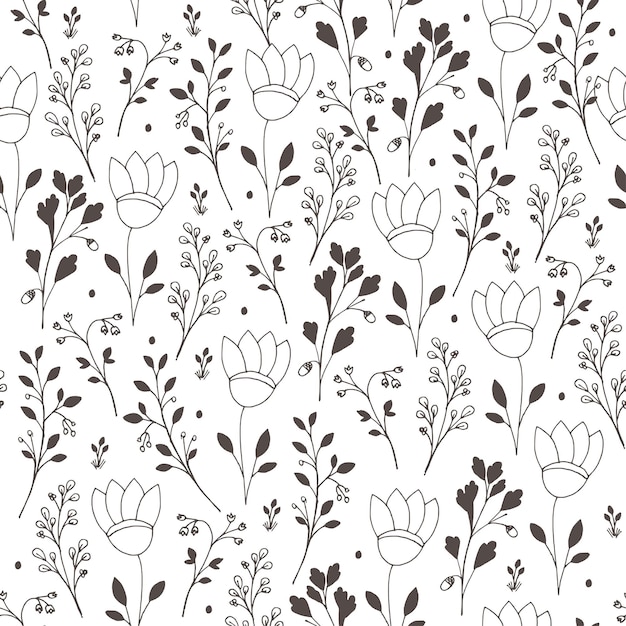 Blühendes blumiges nahtloses Muster mit Tulpen und Eichenzweig Doodle-Textur auf weißem Hintergrund