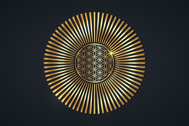 Blume des lebens, goldenes spirituelles mandala, heilige geometrie. helles goldenes strahlendes strahlensymbol