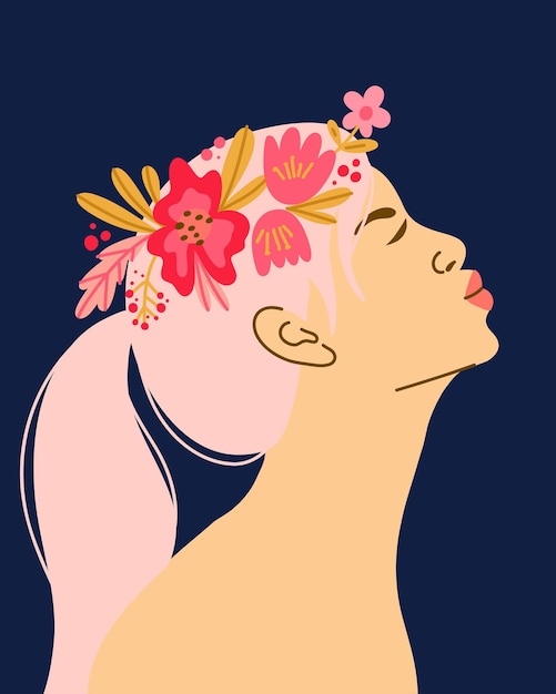 Blume Frau Seitenansicht Schönes Mädchen Porträt mit Blumen im Haar Frühling Sommer Dekoration Schönheit Mode Druck Muttertag Valentinstag 8. März Glamour-Grußkarte Vektor-Illustration