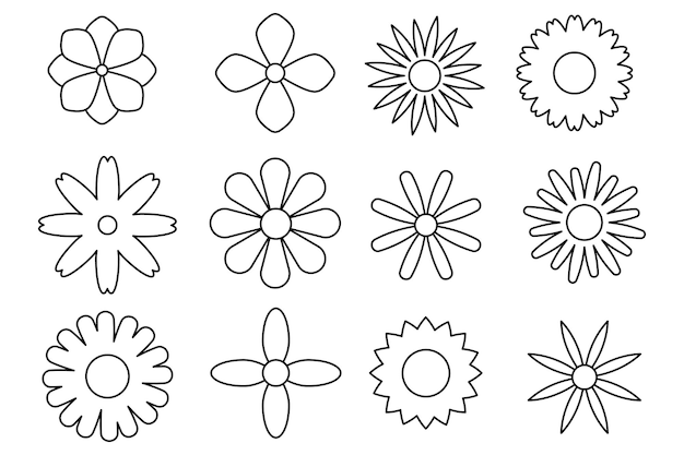 Blume symbolsatz. sammlung minimalistischer blumen. gezeichnete illustration des vektors hand mit wildblumen. für logodesign, tätowierung, postkarte. editierbarer strich.