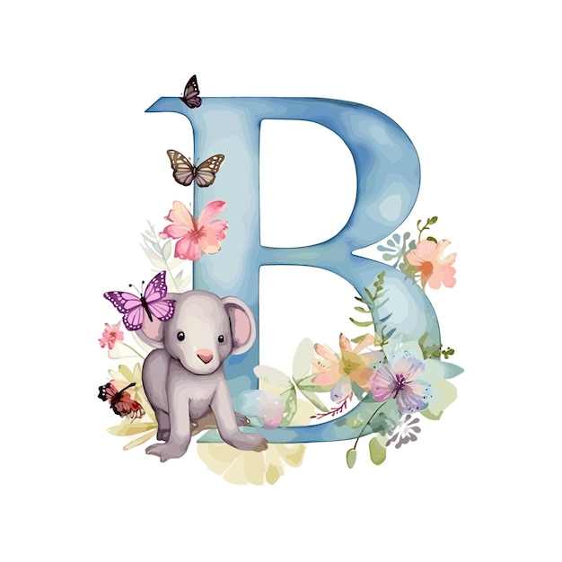 Vektor blumen-alphabetbuchstabe b mit aquarellblumen und einem niedlichen tier